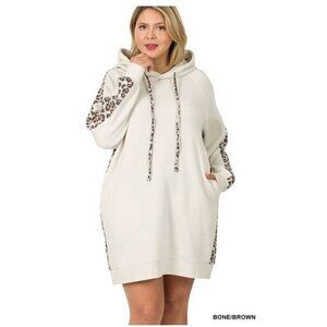 Plus Size Womens Long Line Sweatshirt Soft Stretch Hoodie Leopard Print 1X